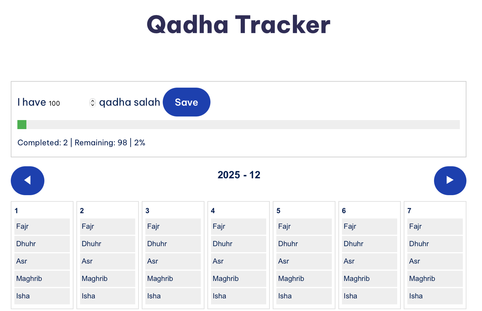 Qadha Salah Tracker To Track Missed Salah